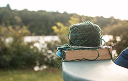 Green ball of yarn and knitting needles with outdoor view