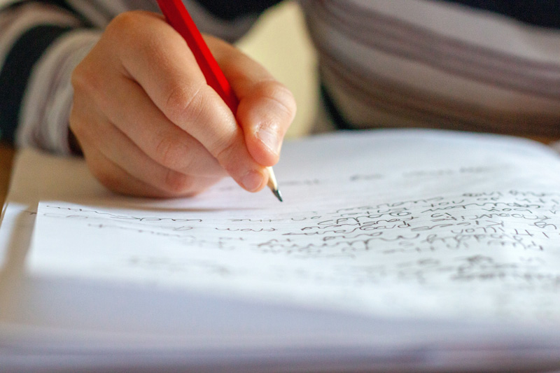 A person writing in a notebook with a red pencil.