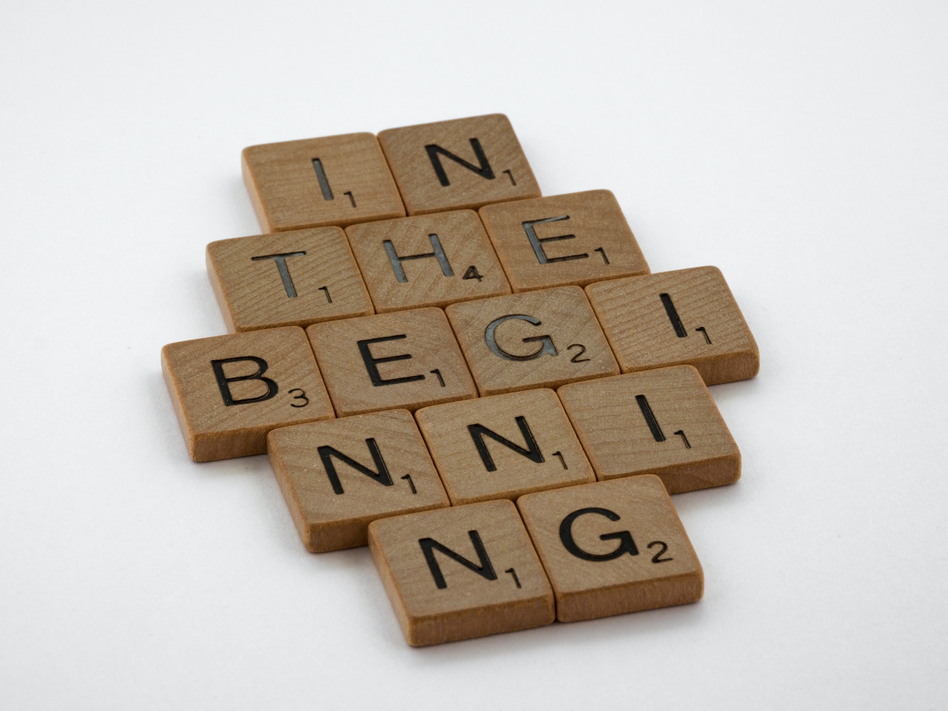 "In the Beginning" with Scrabble tiles